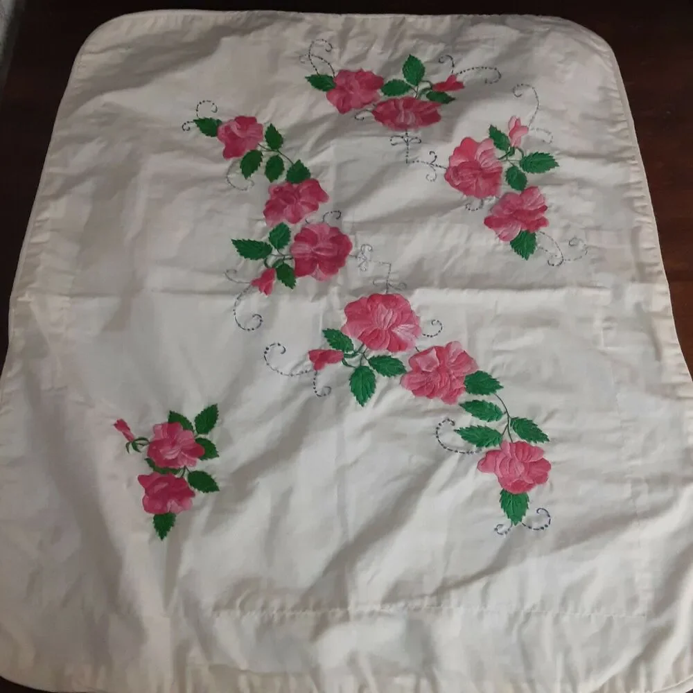Vintage Eden Rose Hand Embroidered Pillow Sham 24x29 Enchanting